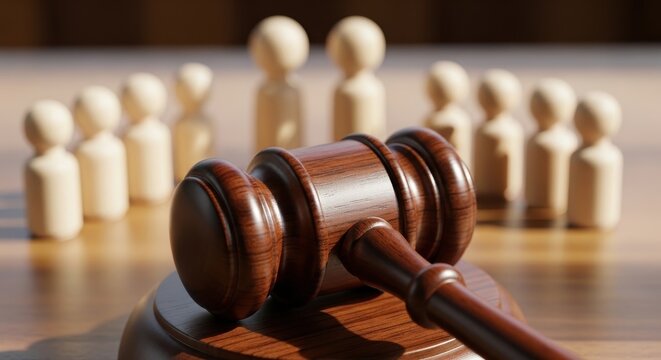 Judge's gavel on a sound block with blurred wooden figures representing a jury or group of people for legal, justice, and collective decision concepts