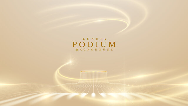 Abstract luxury gold background displaying elegant 3d podium. Premium glow light wave particle design for cosmetic product  or award ceremony presentation. Vector illustration.