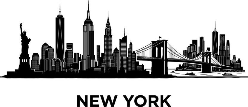 New York City skyline silhouette vector illustration featuring Statue of Liberty, skyscrapers, Brooklyn Bridge, and decorative urban motifs