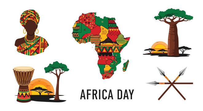 Vibrant Africa Day illustration featuring a patterned map traditional woman baobab tree drum and crossed spears