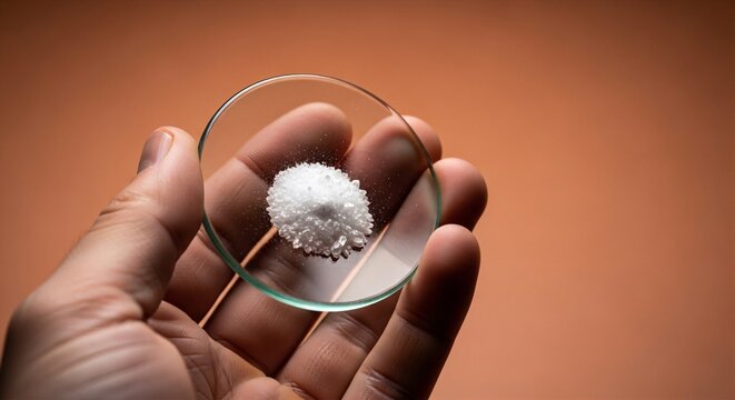 Hand holding a concave watch glass, pile of white crystalline powder, plain terracotta background, mineral study.