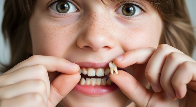 Child holding molar tooth after dental extraction