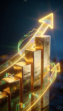 Gold bar financial growth trade investment stock market profit economic success wealth business finance digital chart glowing arrow radiant opportunity rising economy