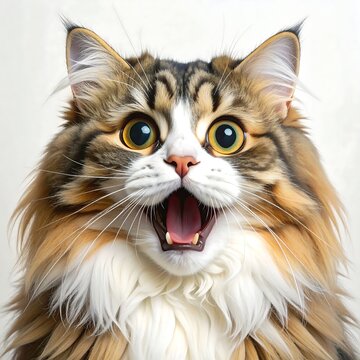A close-up portrait of a shocked cat with its mouth open