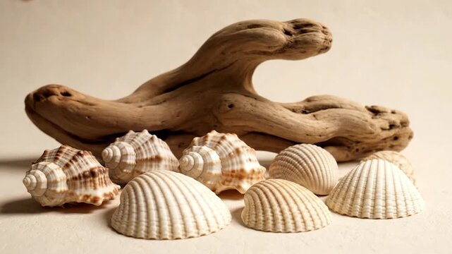 A gentle hand touches a collection of various seashells and a piece of weathered wood, evoking a serene coastal theme