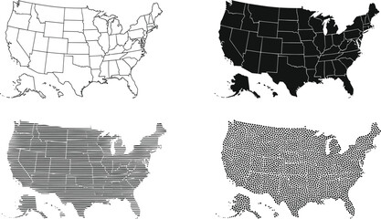 Set of four USA map icons with outline, solid fill, line pattern, and dot pattern for geographic design themes © Umme
