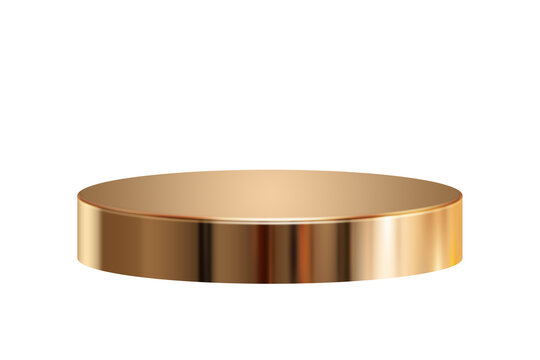 Lexary gold pastel cylinder podium platform with metallic shine. Studio style golden pedestal and round stand stage, product display. 
