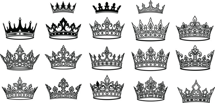 Set of 18 crown icons with ornamental styles for royalty, nobility, heraldry, and prestige-themed graphic design