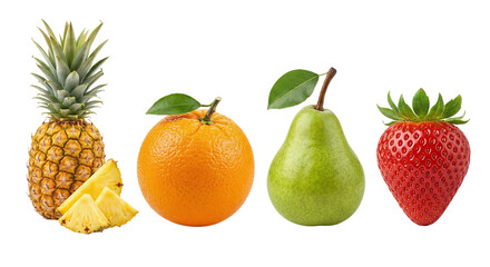 Obraz premium Fresh pineapple with slices orange green pear and strawberry isolated on white background macro shot of ripe fruit set
