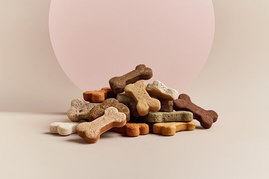 Pile of assorted bone-shaped dog treats on a neutral background