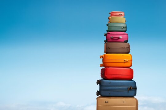 Tower of stacked colorful luggage against a clear blue sky