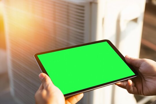 Person holding a tablet with a green screen in front of an air conditioner unit