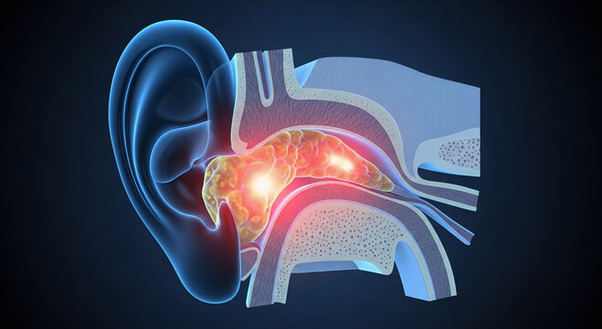 Anatomical cross-section illustrating inflamed adenoids in the human ear, nasal cavity, and throat region with glowing red areas indicating inflammation.