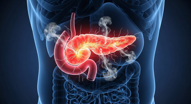 3D rendering of a human torso showing an inflamed pancreas with surrounding digestive organs, indicating pancreatitis or a related medical condition.