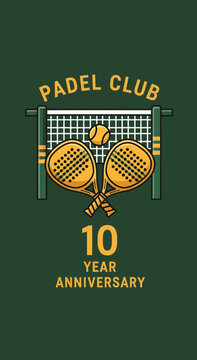 Padle Club 10 Year Anniversary Emblem, Featuring Racquets, Net, and a Playful Orb