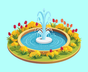 Ornate garden fountain with water jet and blooming flowers for isometric park landscaping and town square decoration in casual game asset © color