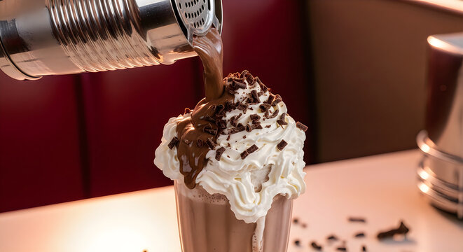 A rich brown chocolate milkshake in a vintage metal shaker cup poured high into a glass, overflowing with whipped cream and chocolate shavings, retro diner fast food