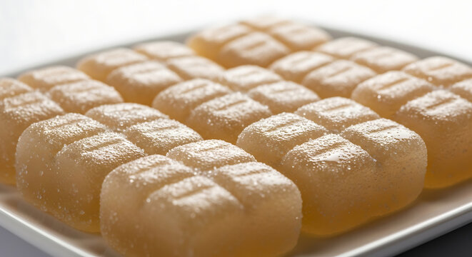 Traditional Agra Petha Indian Sweet Candy Cubes Made from Ash Gourd Winter Melon, Translucent Sugar Syrup Infused Confectionery Arranged on a White Plate, Authentic North Indian Dessert Delicacy.