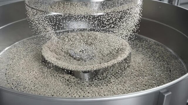 Fluidbed granulation process in an industrial mixer medium shot focusing on particles suspended and blended uniformly within a controlled airflow system.