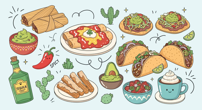 A vibrant doodle illustration of various traditional Mexican food dishes, snacks, and drinks including tacos, enchiladas, guacamole, and tequila.