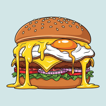 Delicious gourmet burger with fried egg and melted cheese dripping down.
