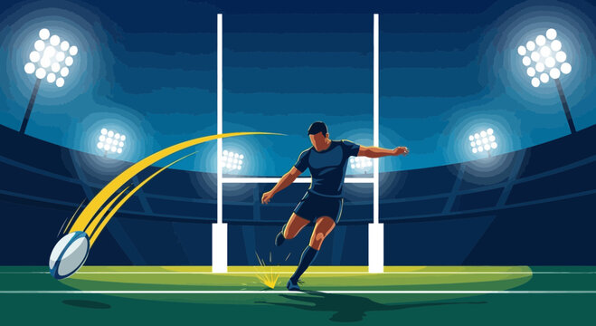 Rugby Player Kicking Ball Towards Goal Post On Stadium Field At Night