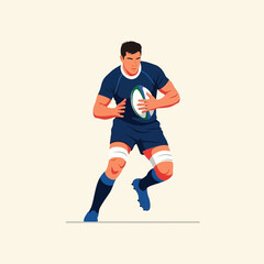 Fototapeta premium Rugby Player Running With The Ball In A Dynamic Pose Against A Neutral Backdrop