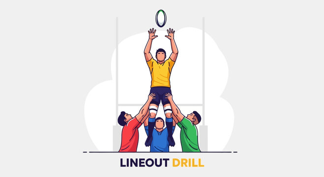 Rugby Team Performing Lineout Drill with Four Players and the Rugby Ball in the Air