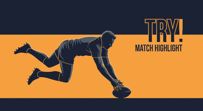 Rugby Player Scoring a Try in Action Illustrated Against an Orange and Dark Backdrop