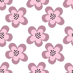 Seamless pattern of hand-drawn mauve and pink flowers. Simple floral motif with watercolor or crayon texture, perfect for wallpaper, fashion textiles, and cute wrapping paper. © Safarinaart