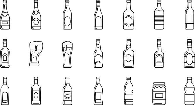 Beverage bottle icons silhouette vector illustration featuring wine, beer, liquor, soda, jars, glasses, and decorative drink motifs