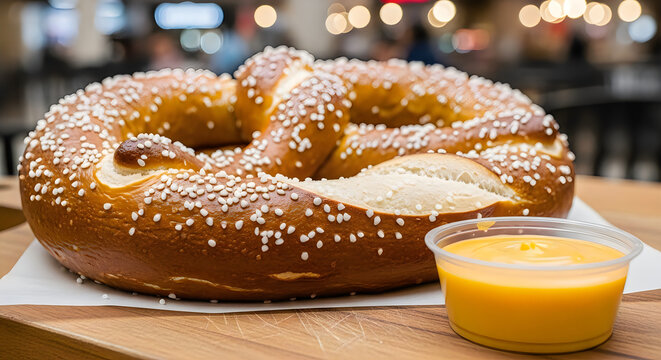 A large warm soft pretzel twisted into a classic knot shape, coated with coarse sea salt, served with a side cup of warm yellow cheese dip, mall fast food snack, rustic background.
