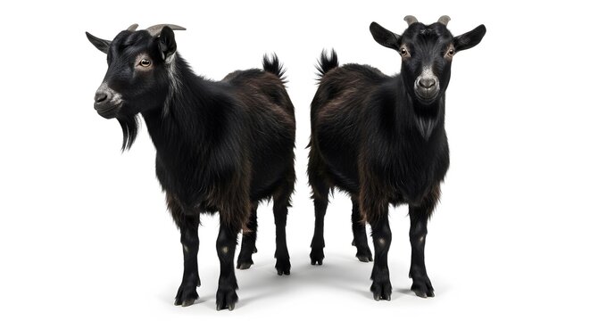 Two Black Pygmy Goats Standing Side-by-Side, Facing Forward, Isolated on a White Background