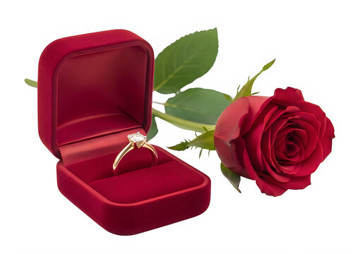Elegant red rose resting inside a classic velvet jewelry box isolated on white background