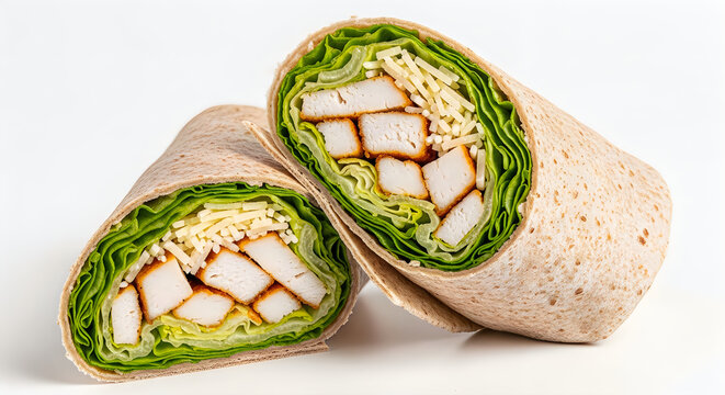  A tightly rolled whole wheat wrap sliced in half to expose a filling of crisp romaine lettuce, grilled chicken strips, and parmesan cheese, fast food healthy lunch, white background