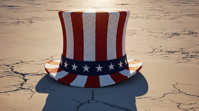 Patriotic American Flag Top Hat Resting on a Dry Cracked Earth Under a Bright Sky