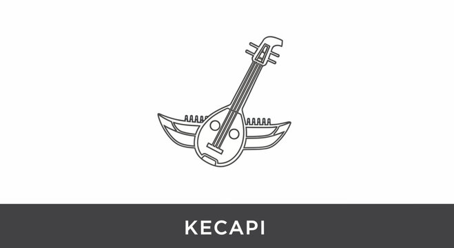 Kecapi Musical Instrument Icon with Wings, Traditional Sundanese String Instrument Line Art