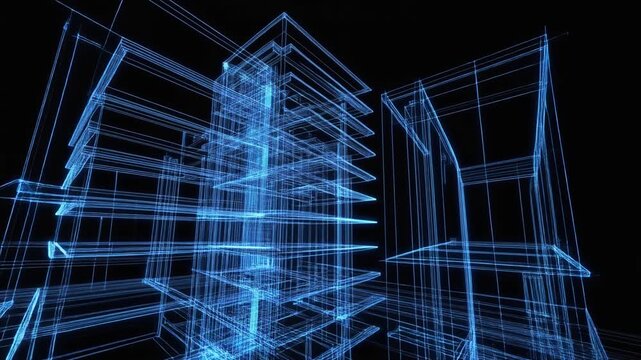 "A futuristic digital wireframe rendering of several multi-story buildings displayed in glowing blue lines against a black background. The structures reveal architectural details such as floors, colum