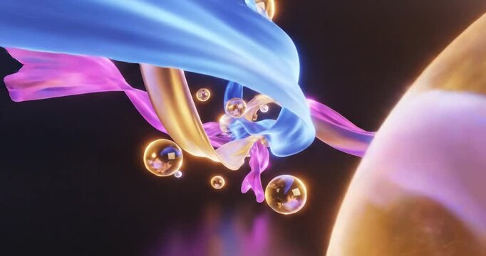 Colorful abstract swirls intertwine with luminous bubbles in a dark, dynamic background
