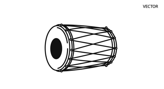 Indian Dholak Drum Outline Vector Illustration - Traditional Percussion Instrument