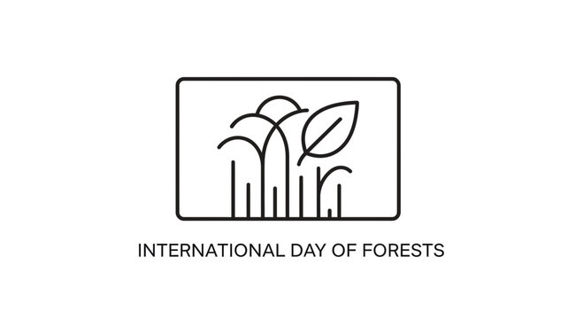 International Day of Forests Icon: Stylized Trees and Leaf in Rectangle Frame