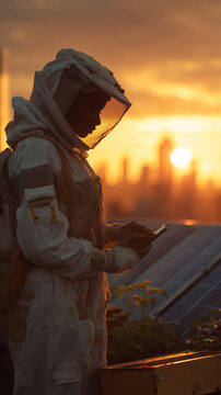 Young Black female urban beekeeper checking hive data on a tablet on a city rooftop at sunset