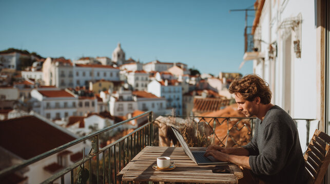 Digital nomad working on a laptop on a sunny balcony in Lisbon overlooking city rooftops