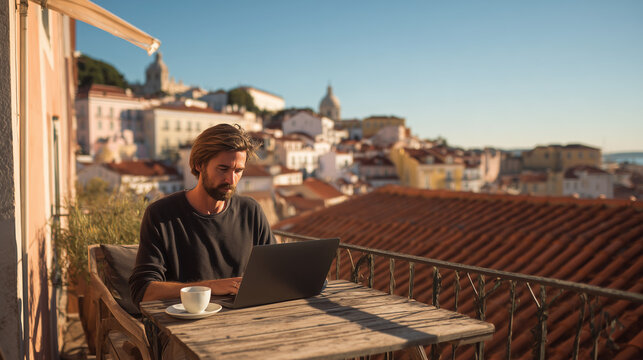 Digital nomad working on a laptop on a sunny balcony in Lisbon overlooking terracotta rooftops