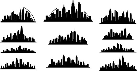 Obraz premium City skyline icons silhouette vector illustration set, black designs showing skyscrapers, towers, domes, and diverse urban architectural landscapeCity skyline icons 