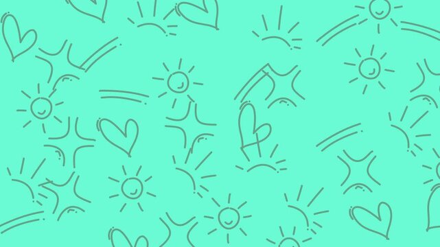 Gray cartoon hearts stars suns squiggles mint green background. Suitable for childrens stationery, valentines day cards, social media graphics, and scrapbooking.