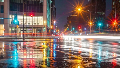 Fototapeta premium Rainy urban night intersection with traffic lights and colorful reflections on wet street