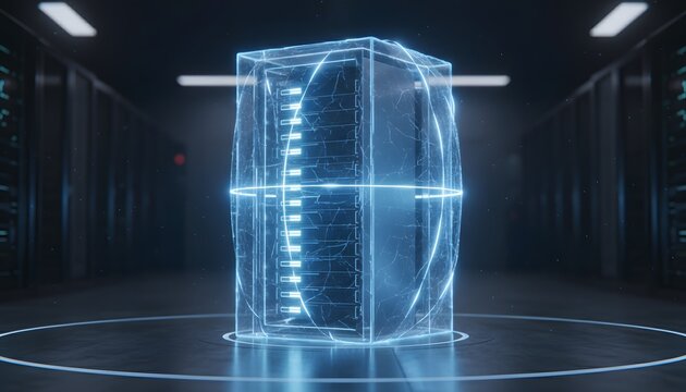 Futuristic luminous server array in a secure data center, representing advanced digital information processing, big data storage, and network infrastructure technology