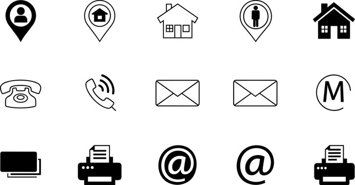 Contact and communication icons silhouette vector illustration, sixteen black symbols showing phone, email, location, printer, and address designs