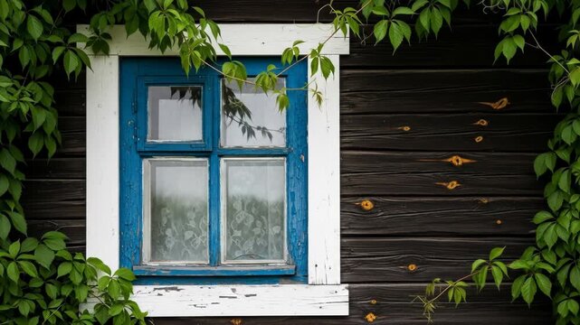 A weathered wooden wall with a blue-painted window surrounded by lush greenery